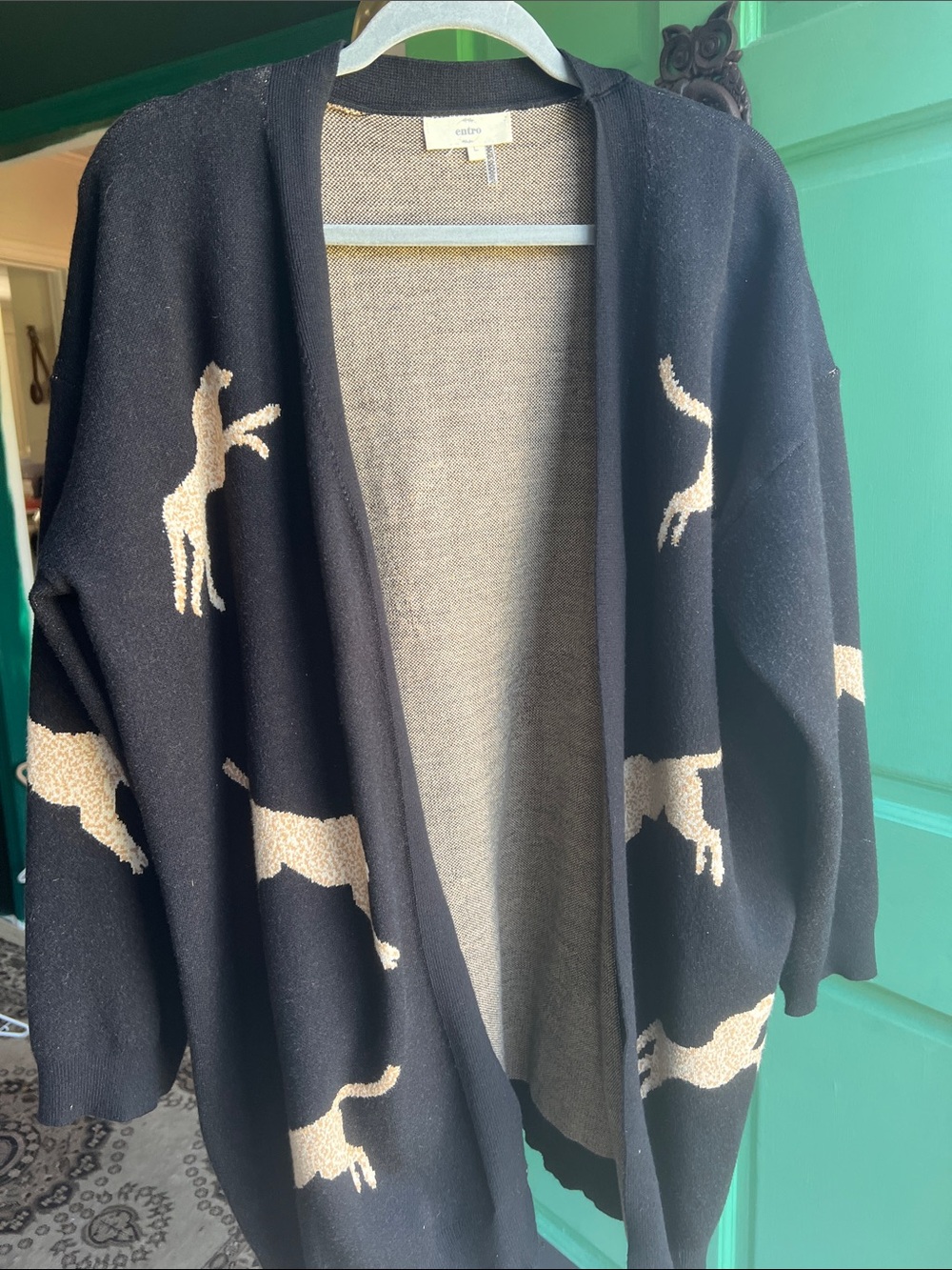 Entro Black Cat-Pattern Open Cardigan Sweater/ size Large (oversize)